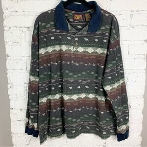 Faded Glory Vintage Aztec Southwestern Multicolored Long Sleeve Polo Shirt M